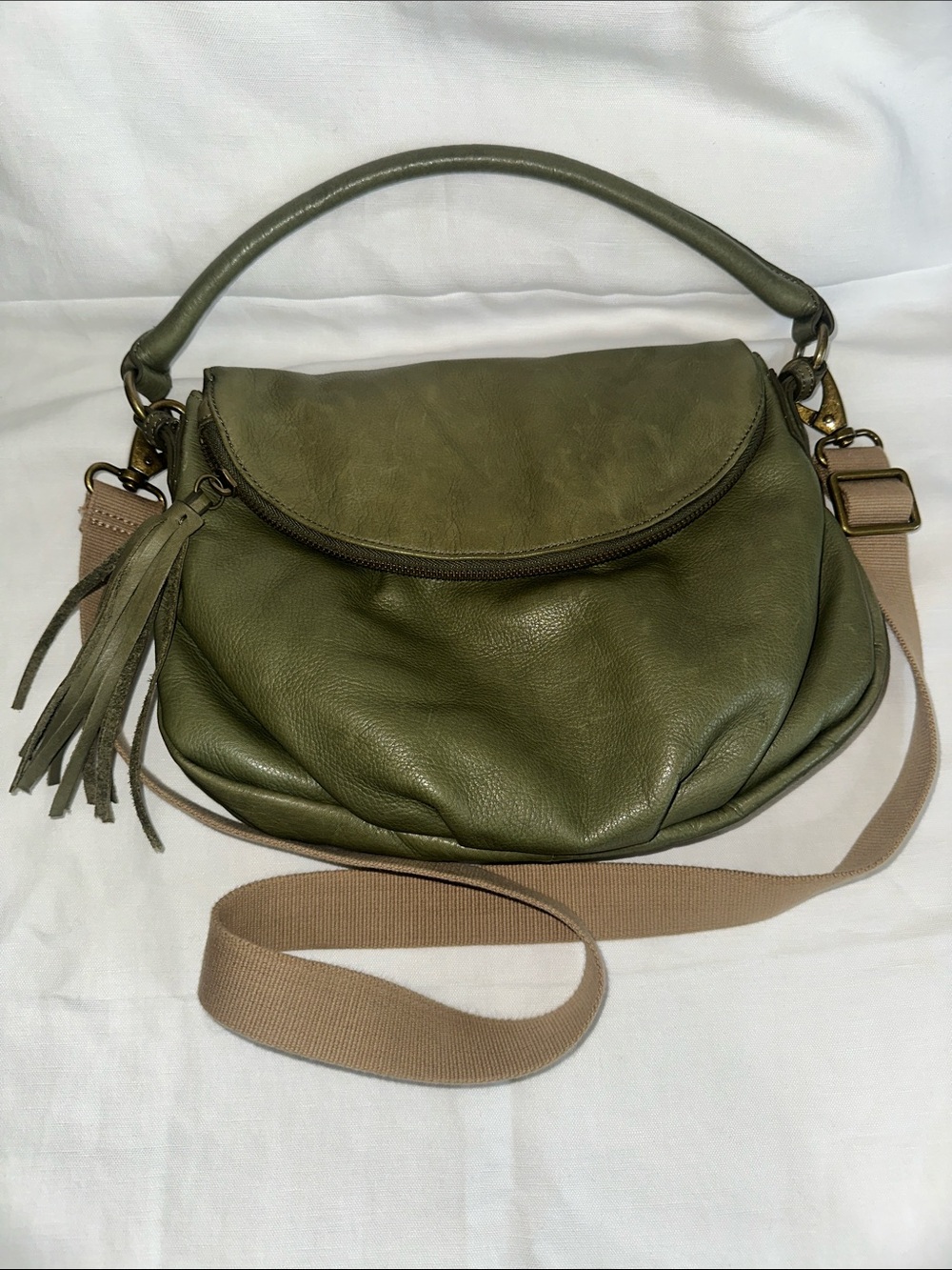 margot Olive Green Pebbled Leather Shoulder Bag with Tassel